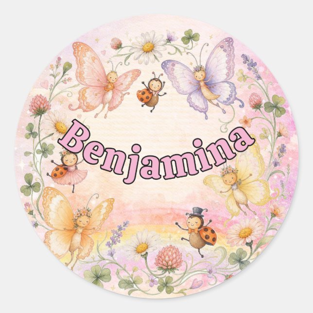 Cute Rainbow Butterfly Ladybug Flowers Whimsical Classic Round Sticker (Front)