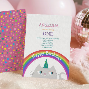 Cute Rainbow Cat 1st Birthday Invitation