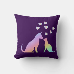 Cute Rainbow Cat and Dog Silhouette Love Purple To Cushion