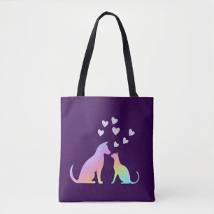 Cute Rainbow Cat and Dog Silhouette Love Purple To Tote Bag