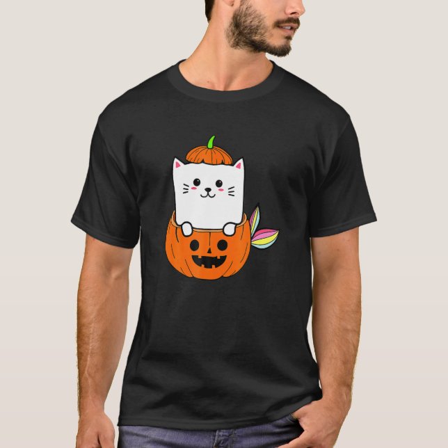 Cute Rainbow Cat Mermaid  Halloween Pumpkin Graphi T-Shirt (Front)