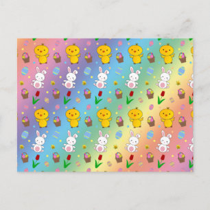 Cute rainbow chick bunny egg basket easter pattern holiday postcard