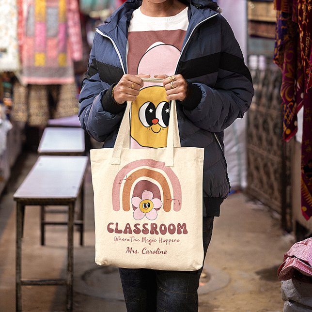 Cute Rainbow Classroom Where Magic Happens Teacher Tote Bag (Creator Uploaded)
