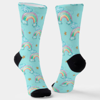 Cute Rainbow Clouds and Stars in Blue Background Socks