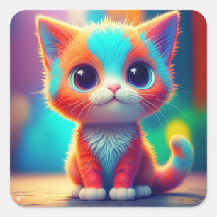 Cute Rainbow Coloured Sitting Kitten Cartoon-85748 Square Sticker