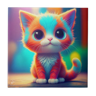 Cute Rainbow Coloured Sitting Kitten Cartoon Tile