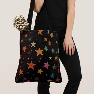 Cute Rainbow Coloured Stars Galaxy Black Backgroun Tote Bag