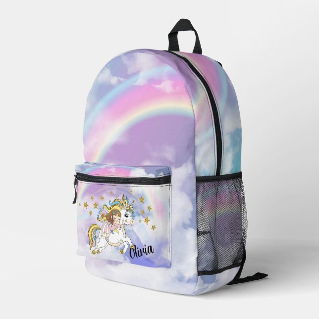 Cute Rainbow Coloured Unicorn Personalised  Printed Backpack (Back Corner Right)