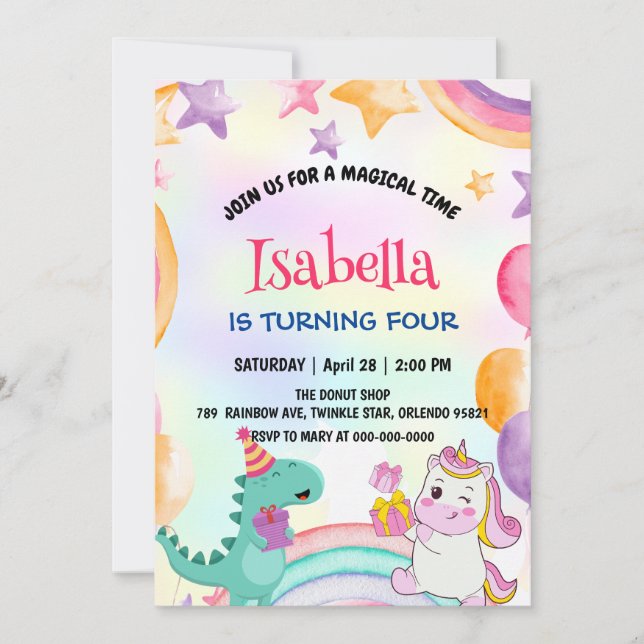 Cute Rainbow Dinosaur Unicorn Birthday Party  Invitation (Front)