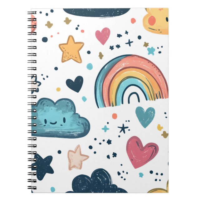 Cute Rainbow Doodle Pattern with Clouds and Stars Notebook (Front)