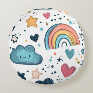 Cute Rainbow Doodle Pattern with Clouds and Stars Round Cushion