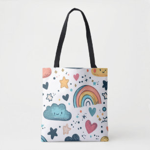 Cute Rainbow Doodle Pattern with Clouds and Stars Tote Bag