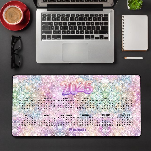 Cute rainbow faux glitter Monogram 2025 calendar Desk Mat (Creator Uploaded)