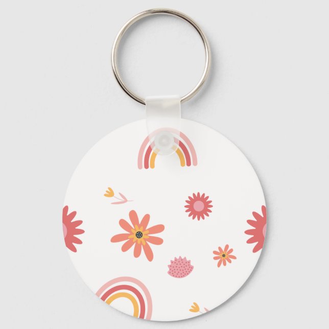 Cute Rainbow & Floral Pastel Pattern Key Ring (Front)
