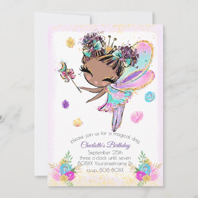 Cute Rainbow Glitter Dark Skin Pixie Fairy Invitation (Front)