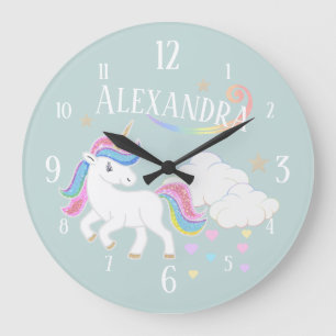 Cute Rainbow Glitter Unicorn Stars and Hearts Large Clock