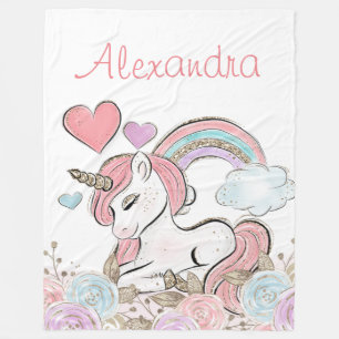 Cute Rainbow Glitter Unicorn with Custom Name Fleece Blanket