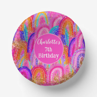Cute Rainbow Gold Glitter 7th Birthday Paper Plate