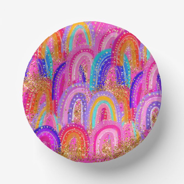 Cute Rainbow Gold Glitter Paper Plate (Front)