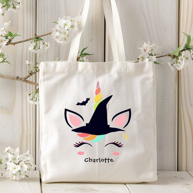 Cute Rainbow Halloween Unicorn Personalised Name Tote Bag (Creator Uploaded)
