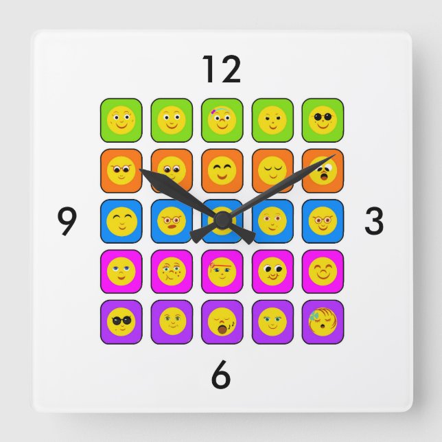 Cute Rainbow Happy Face Emoticons Pattern Square Wall Clock (Front)