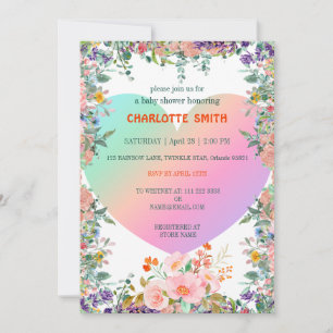 Cute Rainbow Heart gradient flora baby shower Invitation