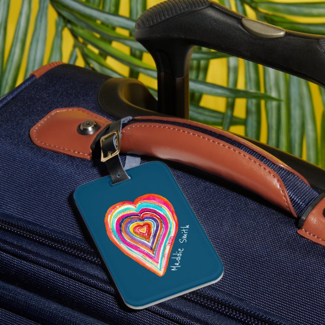 Cute rainbow heart love boho luggage tag (Front Insitu 1)