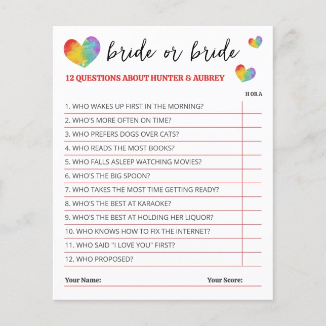 Cute Rainbow Hearts Bride or Bride Game (Front)