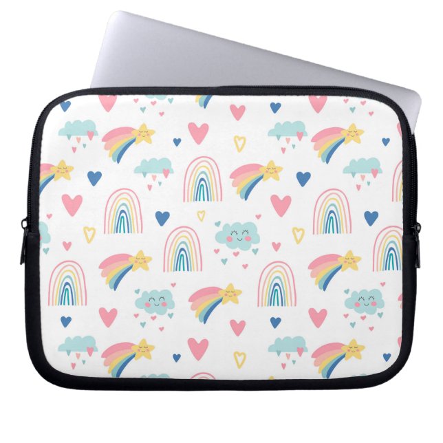 Cute Rainbow Hearts & Clouds Pattern Laptop Sleeve (Front)