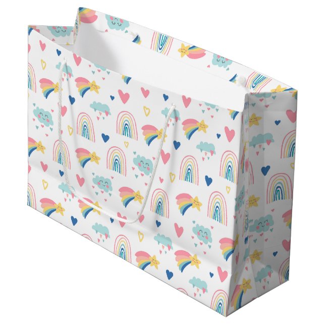 Cute Rainbow Hearts & Clouds Pattern Large Gift Bag (Front Angled)