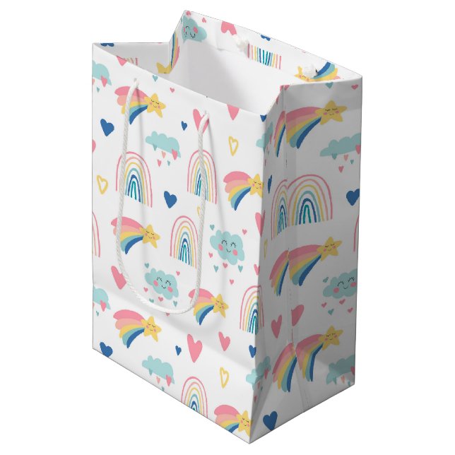 Cute Rainbow Hearts & Clouds Pattern Medium Gift Bag (Front Angled)