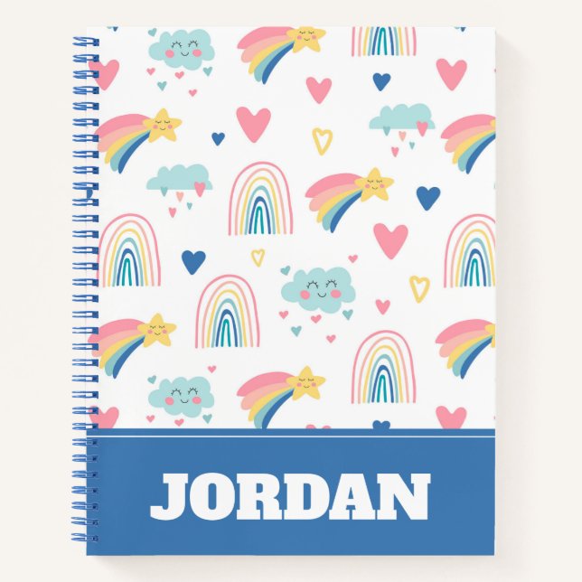 Cute Rainbow Hearts & Clouds Pattern Notebook (Front)