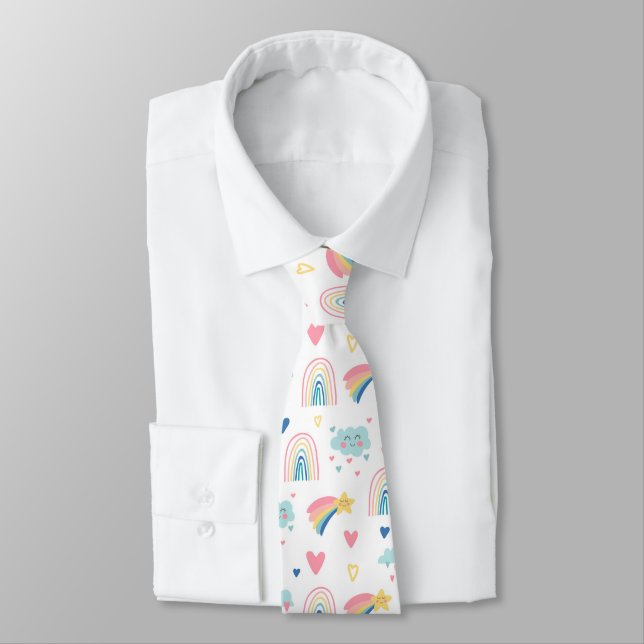 Cute Rainbow Hearts & Clouds Pattern Tie (Tied)