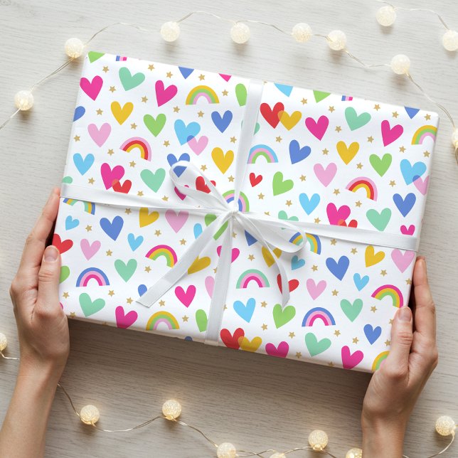 Cute Rainbow Hearts Stars Celebration Valentines Wrapping Paper (Creator Uploaded)