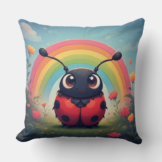 Cute Rainbow Ladybug – Whimsical Kids Decor Cushion (Front)