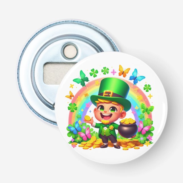 Cute Rainbow Leprechaun with Gold Bottle Opener (Front)