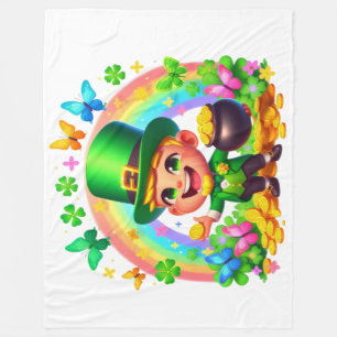 Cute Rainbow Leprechaun with Gold Fleece Blanket