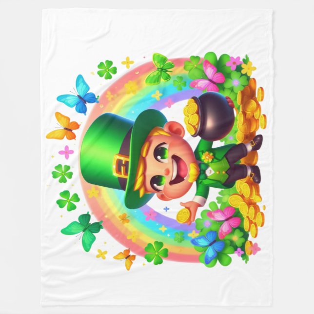 Cute Rainbow Leprechaun with Gold Fleece Blanket (Front)