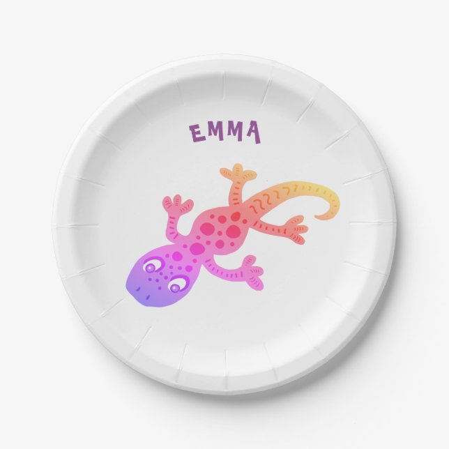 Cute Rainbow Lizard Gecko Birthday Party Name Paper Plate (Front)