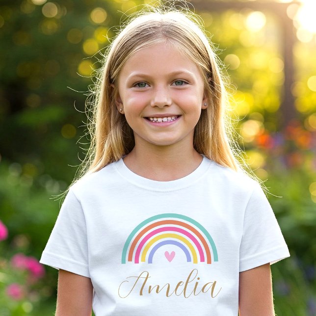 Cute Rainbow Love Heart Personalised Name Girl T-Shirt (Creator Uploaded)