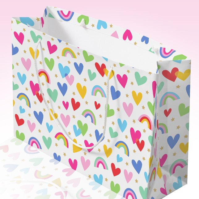 Cute Rainbow Love Hearts Stars Valentine Large Gift Bag (Creator Uploaded)
