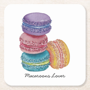 Cute Rainbow Macaroons In Watercolor Square Paper Coaster
