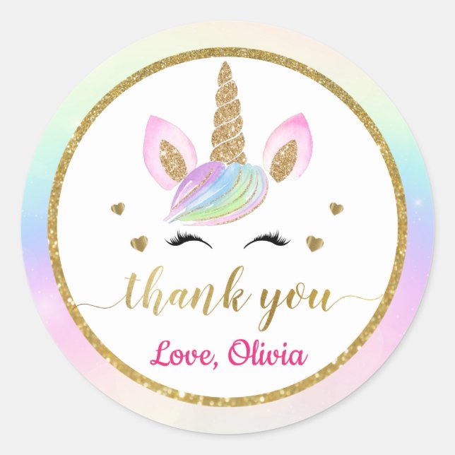 Cute Rainbow Magical Gold Unicorn Thank You Classic Round Sticker (Front)