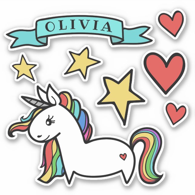 Cute Rainbow-Maned Unicorn Hearts & Stars (Front)