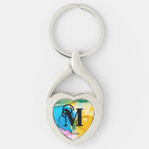 Cute Rainbow Marbled Monogram Key Ring