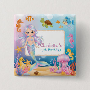 Cute Rainbow mermaid fish seahorse Birthday 15 Cm Square Badge