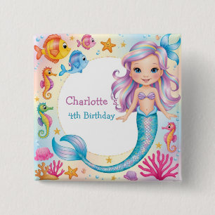 Cute Rainbow mermaid fish seahorse Birthday 15 Cm Square Badge