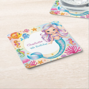 Cute Rainbow mermaid fish seahorse Birthday Square Paper Coaster
