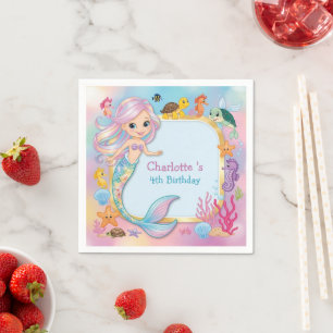 Cute Rainbow mermaid fish seahorse star Birthday Napkin