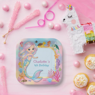 Cute Rainbow mermaid fish seahorse star Birthday Paper Plate